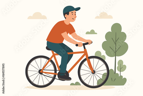 Vector illustration of young man riding bicycle outdoors, wearing cap and casual clothes, on a nature path with green trees and clouds, flat cartoon style, healthy active lifestyle concept