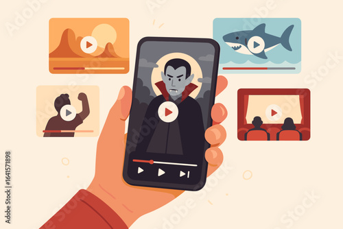 Hand holding smartphone streaming movie and video clips, online video player windows floating, mobile entertainment, social media content sharing, cinema and multimedia platform vector illustration