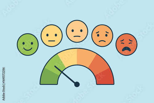 Pain scale indicator vector illustration. Smile to sad face emotions scale. Patient pain assessment chart. Degrees of discomfort from mild to severe. Pain level meter. Medical pain evaluation graphic.