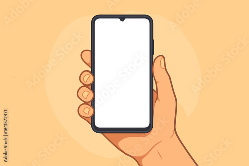 Hand Holding Smartphone Vector Illustration, Blank White Screen Mockup, Realistic Cartoon Style, Mobile Device Concept, Modern Technology Display, Warm Background, Isolated Clipart for App Design
