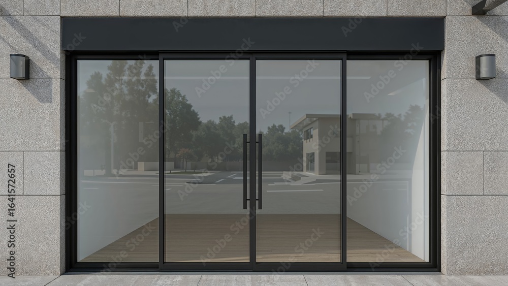 Naklejka premium Storefront featuring black sliding glass panels highlighted in a 3D graphic promoting advanced building methods.