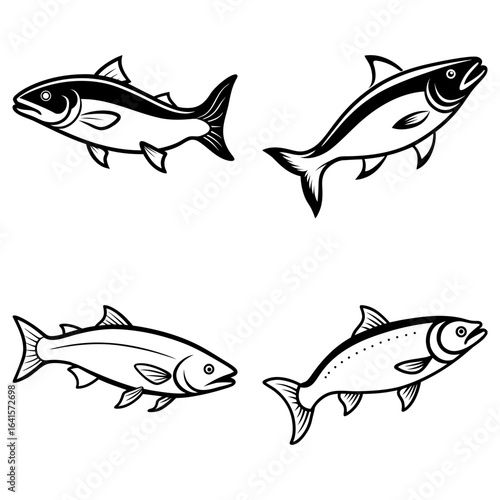 Four stylized fish illustrations in black and white showcasing different poses and fin designs nicely drawn