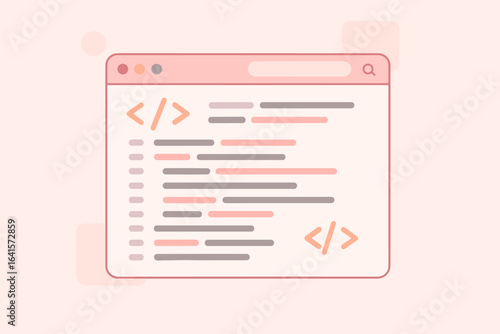 Vector illustration of programming code and web development window with HTML tags, abstract coding screen, software interface, technology design, modern flat style, light pink background concept