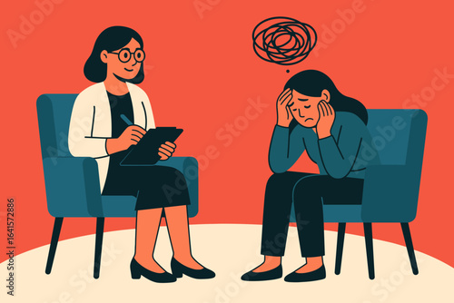 Mental health therapy session illustration. Female psychologist counseling anxious woman. Psychotherapy, mental healthcare support, psychological treatment, depression, stress, counseling, vector art.