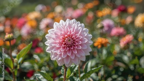 A single striking pink Dahlia flower set against a lively garden scene