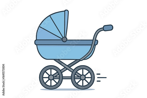 Baby stroller pram vector. Blue baby carriage side view. Modern newborn buggy, infant pushchair, vintage retro pram. Parenting, childcare transport. Cartoon illustration, isolated, editable graphic