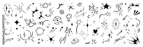 Set of anime comic twinkle effect. Hand drawn bling, magical sparkle, heart, butterflies and shine movement. Line vector element collection