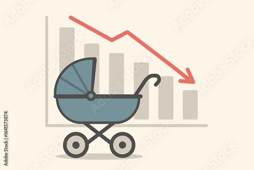 Declining Birth Rate Trend, Baby Stroller with Red Down Arrow, Falling Fertility, Demographic Crisis, Decreasing Population, Low Birth Rate, Concept Illustration, Family Planning Issue, Vector Graphic