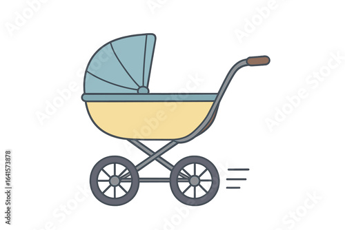Baby stroller pram vector illustration, infant carriage side view, retro baby buggy in motion, isolated cartoon style icon, newborn transport, parenting and childcare concept, light background