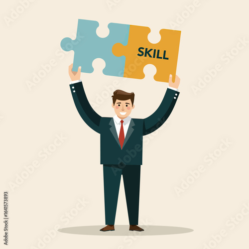 Successful businessman holding up two connected puzzle pieces spelling "SKILL," a vector illustration symbolizing career achievement and problem-solving mastery.
