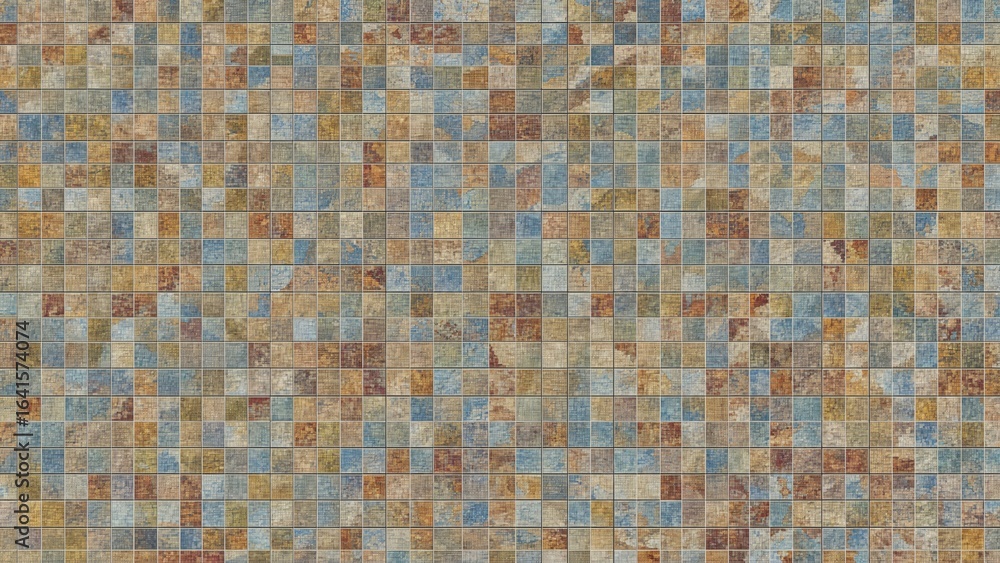 Fototapeta premium Geometric mosaic layout with vivid tiles and text area, perfect for digital covers.