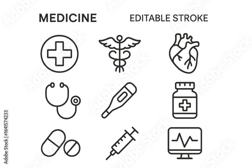 Medicine line icons set. Medical vector symbols: caduceus, heart, stethoscope, thermometer, pills, syringe, medicine bottle, vital signs monitor. Healthcare, hospital, health, treatment concepts.