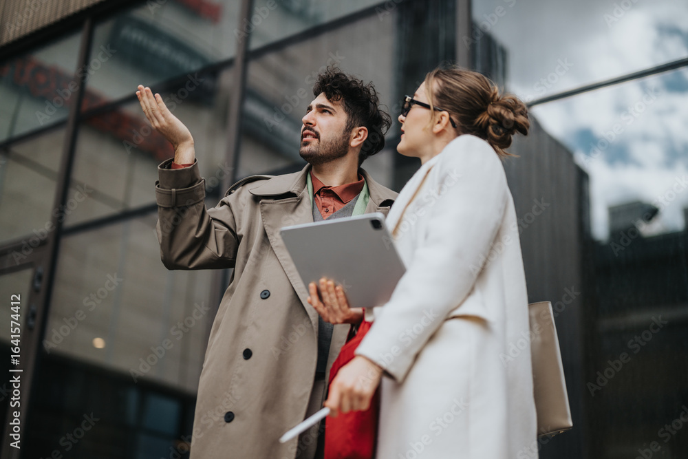 Obraz premium Business colleagues engaged in a teamwork discussion and collaboration outside of a contemporary office building, fostering professional cooperation and effective communication.