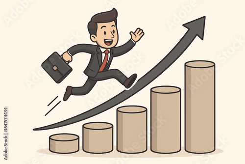 Ambitious businessman leaping over upward growth chart. Success, career progress, leadership achievement, climbing milestones. Professional illustration. Business goal motivation vector concept art.
