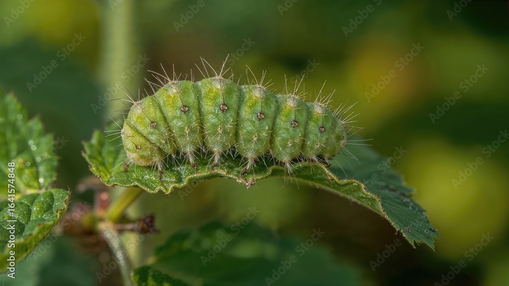 Fototapeta premium Leaf roller caterpillar munching on raspberry plant foliage.