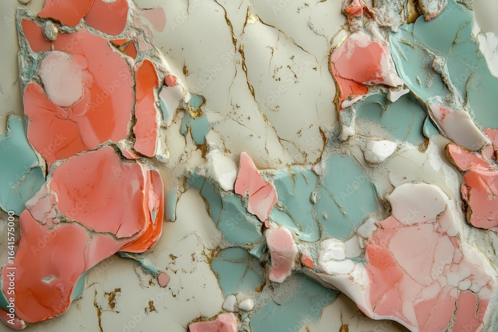Fototapeta premium Marbled resin art in terrazzo style pastel pink and mint fragments suspended in cream base