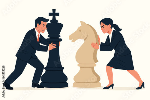 Competitive business people playing chess, man and woman in strategic conflict, opposition and competition concept, teamwork and rivalry illustration, vector cartoon on white background