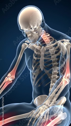 Medical 3D animation showing the human skeletal system with widespread joint pain X-ray view illustrating inflammation and arthritis in the neck elbows 