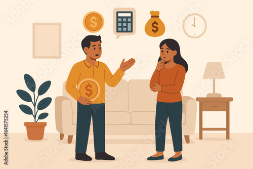Financial planning and budgeting discussion between couple at home, money management, family finance communication, saving investment choices, decision making, cartoon vector living room illustration