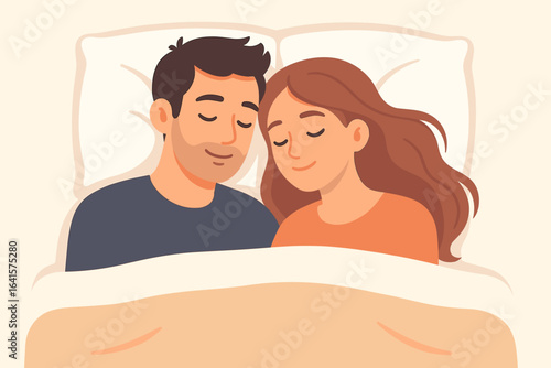 Romantic couple relaxing in bed together, man and woman lying side by side under cozy blanket, top view illustration. Sleep health, relationship, comfort, intimacy, night rest, wellness, bedroom scene