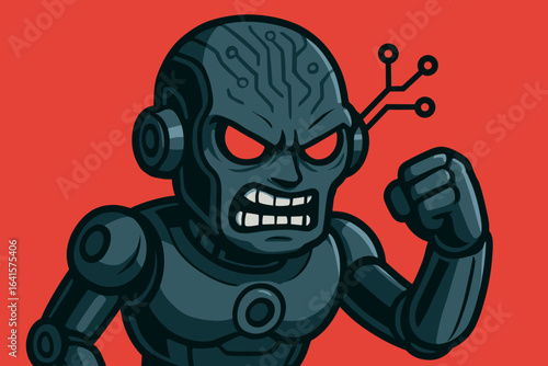 Angry Evil Robot Artificial Intelligence Vector Illustration. Futuristic Cybernetic Machine, Aggressive Robot Face, Red Eyes, Fist Raised, Sci-Fi Technology, Threat Icon, Danger Concept