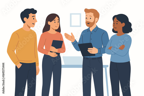 Four diverse professionals having a standing business meeting and discussion in modern office, casual team collaboration, workplace teamwork concept, flat vector illustration