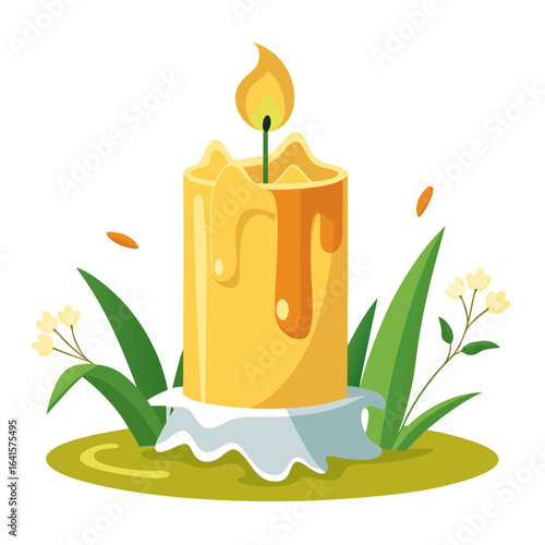 Burning Beeswax Candle with Snowdrops for Candlemas Day Vector Illustration