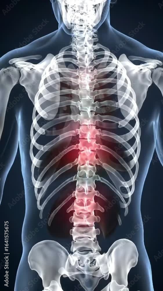 Medical animation of the human skeletal system showing back pain and ...