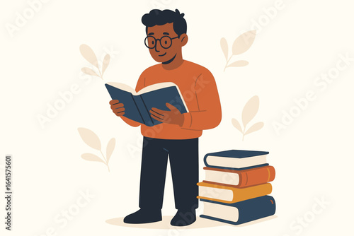 Male Student Reading Books Standing Learning Studying Knowledge Concept, Stack of Books, Modern Flat Design Illustration, Education, Literature, Academic Study, Personal Development