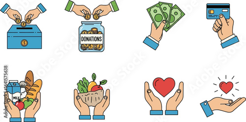 Charity and donation icon set featuring hands with coins, jars, hearts, groceries, dollar bills, credit cards, and growing plants for fundraising and social impact