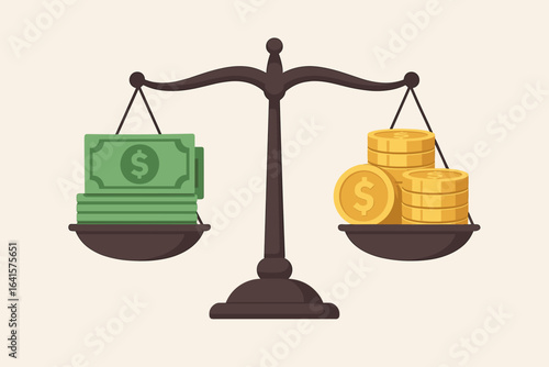 Balance scale with cash and gold coins, symbolizing equal pay, salary fairness, economic justice, wage comparison, financial balance, business ethics, and money equality concept illustration
