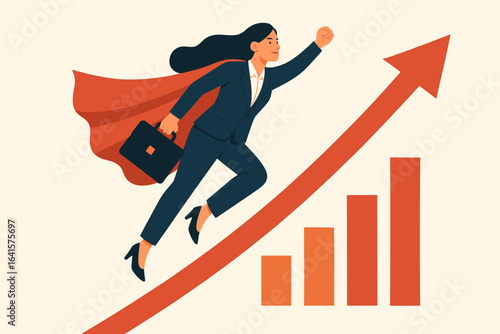 Superhero businesswoman flying upward with cape, briefcase, and suit, symbolizing leadership, career growth, empowerment, success, ambition, and gender equality in modern corporate environment