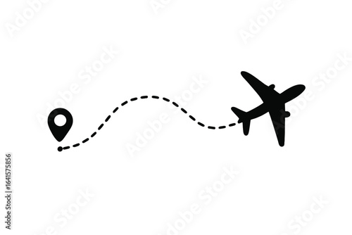Airplane flight path icon with dotted route, aircraft trajectory from location pin marker, travel route concept, jet silhouette symbol, navigation waypoint, airline vector, isolated aviation journey