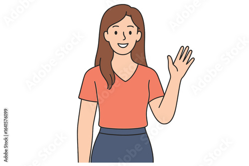 Cartoon woman waving hello, friendly female character in casual outfit, hand raised gesture, welcoming pose, simple flat illustration, isolated on white background, people greeting concept