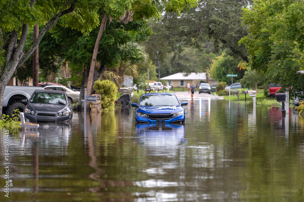 Fototapeta premium Flooded street with stuck cars after hurricane rainfall in Florida. Aftermath of natural disaster caused by global warming