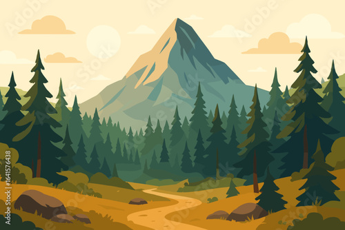 Majestic Nordic mountain landscape with evergreen pine forest, hiking adventure path, scenic nature, tranquil wilderness, outdoor travel destination, sunlight, vector cartoon illustration