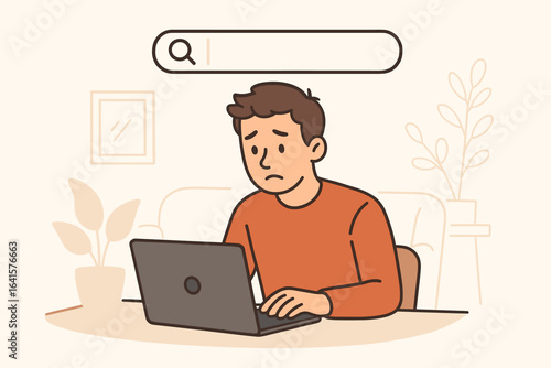 Remote job search concept. Man using laptop at home office workspace. Online job seeking, recruitment or employment hunt. Search bar interface. Unemployed looking for work. Modern vector illustration