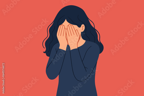 Depressed woman hiding face with hands. Mental health crisis, sadness, anxiety, emotional stress, burnout, loneliness, psychological disorder. Female person on red background. Vector illustration.