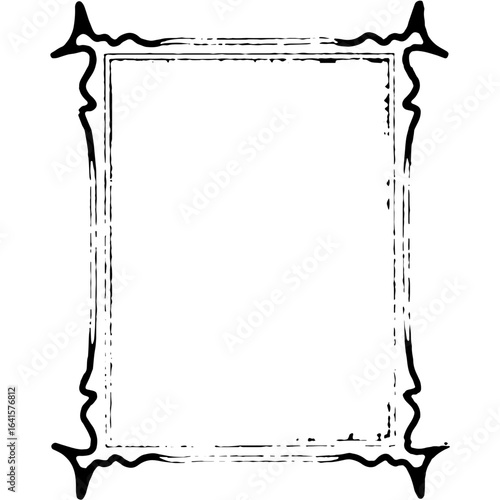 Ornate vintage rectangular frame with a grunge, hand-drawn texture. Black and white decorative border illustration on white background.