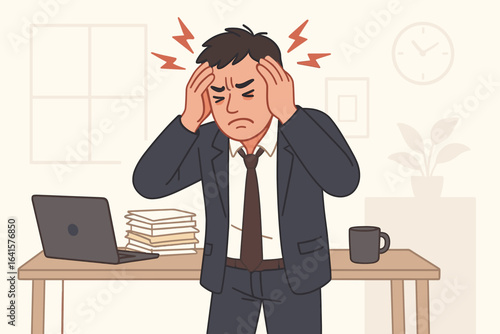 Overworked man suffering migraine headache in office, stressed and holding head in pain, work fatigue, headache and depression concept, vector cartoon illustration of mental and physical strain