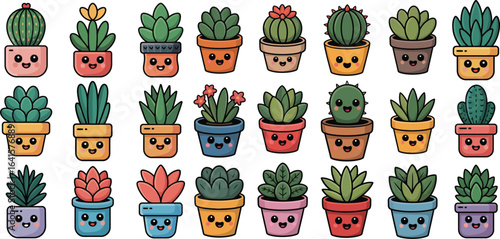 Cartoon Succulent and Cactus Icon Set, Succulent icon set, Cactus Icons, cartoon flora vector set, smiling pot plant graphics, succulent sticker designs, cactus emoji icons