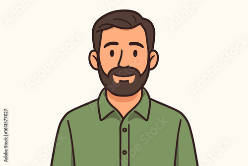 Vector illustration of middle-aged male avatar character, upper body, casual green shirt, short hair, beard, simple cartoon style, professional profile, isolated, contemporary man portrait