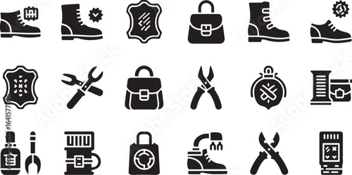 Leatherworking and Shoe Repair Icon Set in Line Style. Collection of Craft and Footwear Linear Icons, Including boots, leather patch, pliers, hammer, bag, clock, tools, repair. Editable