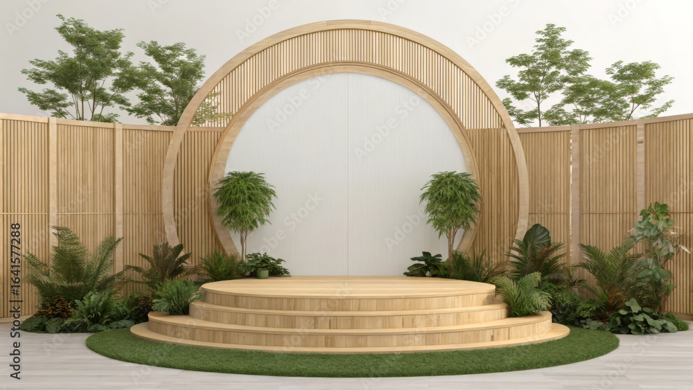 Fototapeta premium A tiered wooden stage with a bamboo fence backdrop and green plants, for presentations