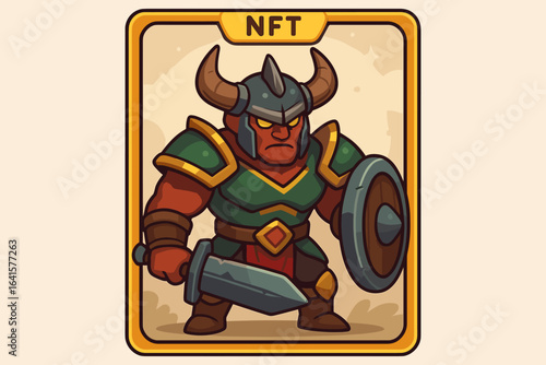Fantasy warrior NFT game character collectible card. Viking gladiator with horned helmet, sword, shield, green gold armor. Crypto art, digital asset, blockchain gaming, non-fungible token illustration