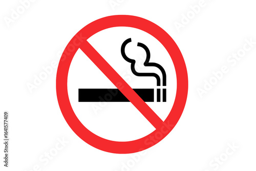 No smoking sign vector illustration. Smoking prohibited symbol. Red circle with diagonal line over cigarette and smoke. Simple health and safety warning icon. Anti-smoking public health notice.