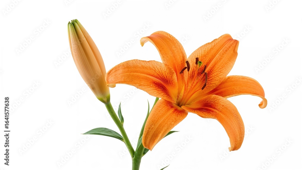 Fototapeta premium Bright orange lily blossom set against a clean white surface, springtime plant