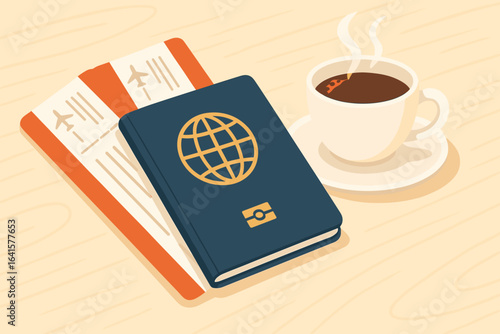 Passport and flight tickets with hot coffee on wooden table. Travel preparation vector. Vacation planning. Airport journey essentials. Morning trip adventure. Ticketing, documentation, beverage break.