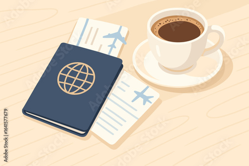 Passport with globe icon and airplane tickets on coffee shop table. Travel preparation, business trip, tourism, vacation planning concept. Morning coffee break before international flight journey.