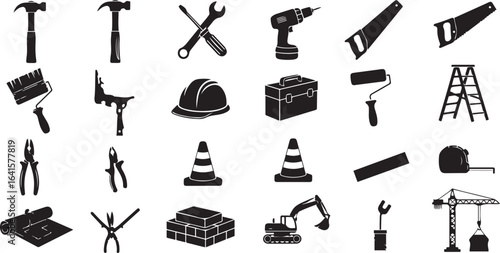 Construction Tools Icon Set in Line Style. Collection of Building and DIY Linear Icons, Including hammer, drill, wrench, saw, hard hat, toolbox, ladder, blueprint, crane, excavator. Editable